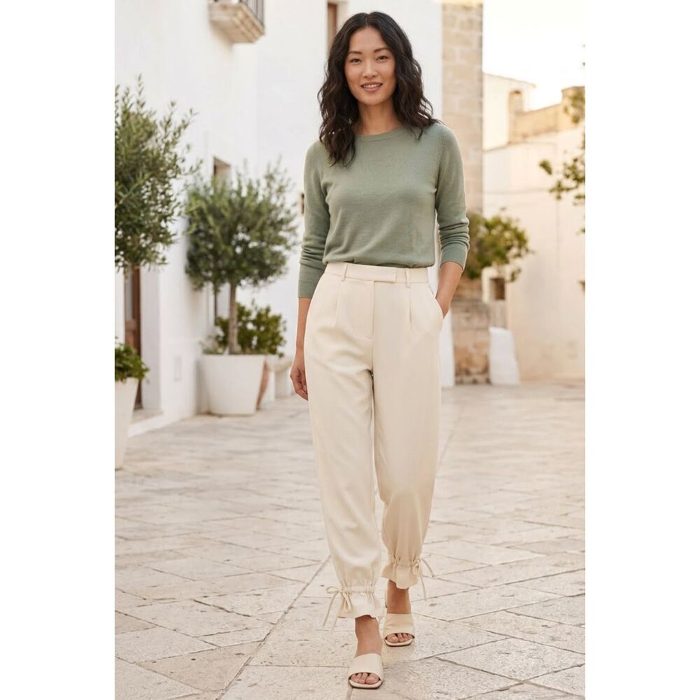 NWOT OPEN EDIT Cream Beige Tapered Trousers Ankle Tie Pants Joggers Womens XS
